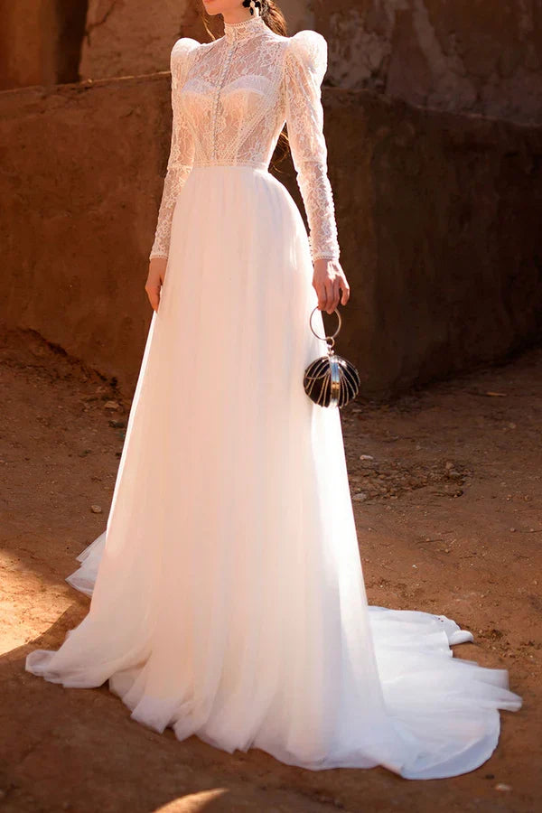 A-Line High Neck Lace Long Sleeve Wedding Dress - Chloe Dress
