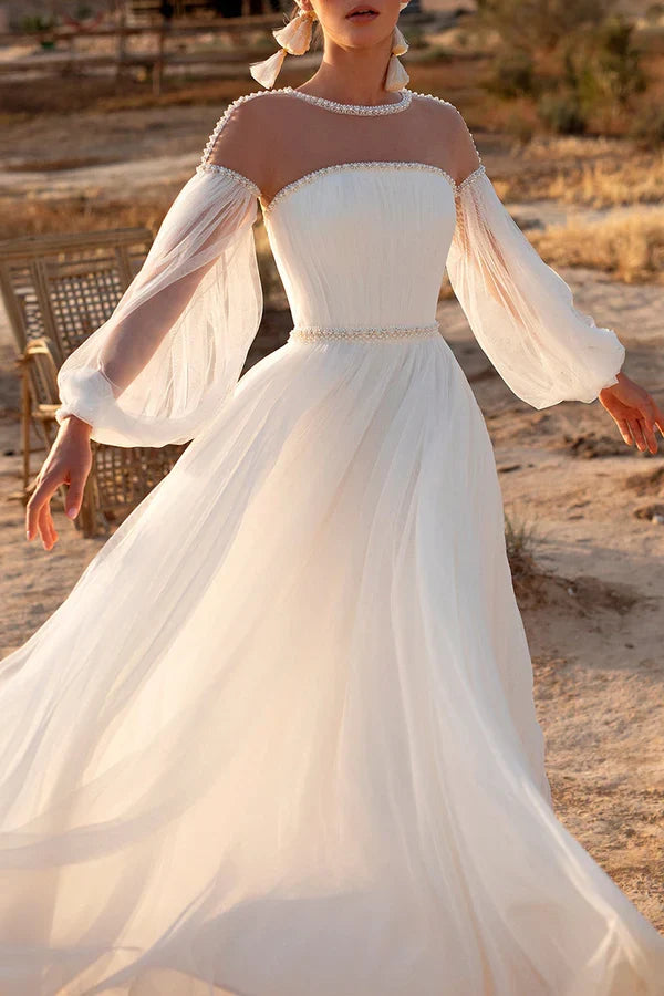 A-Line Illusion Long Sleeve Wedding Dress - Chloe Dress