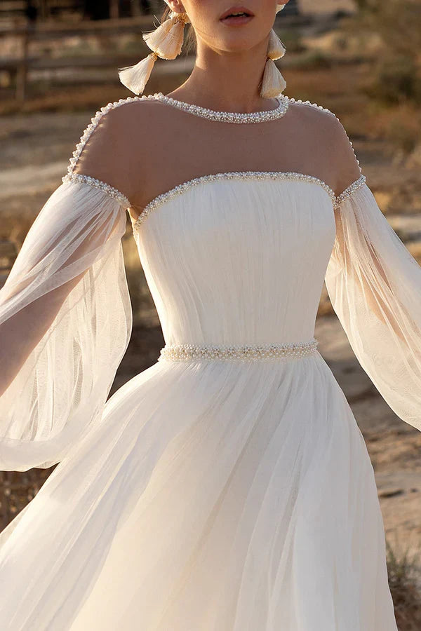 A-Line Illusion Long Sleeve Wedding Dress - Chloe Dress