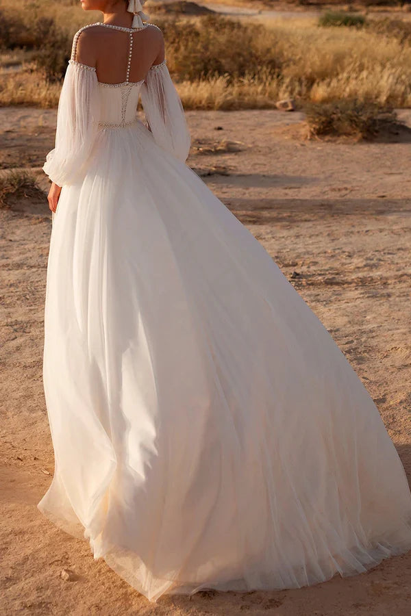 A-Line Illusion Long Sleeve Wedding Dress - Chloe Dress