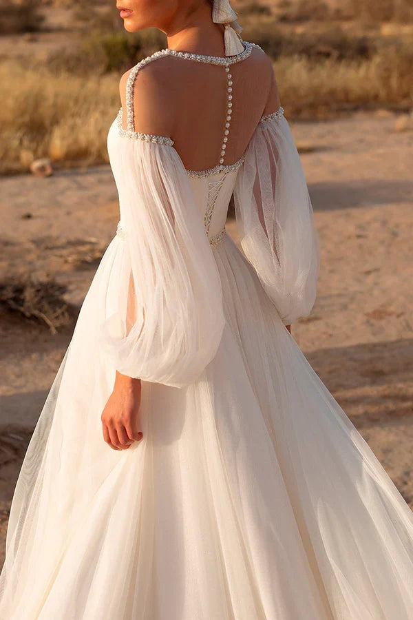 A-Line Illusion Long Sleeve Wedding Dress - Chloe Dress
