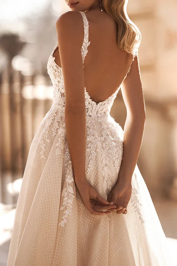 A-Line V-Neck Lace High Slit Wedding Dress - Chloe Dress