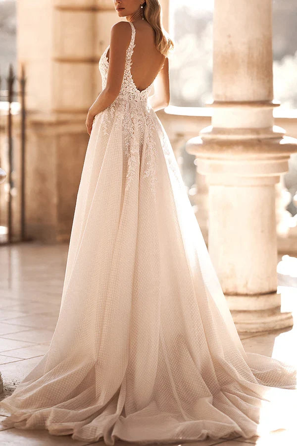 A-Line V-Neck Lace High Slit Wedding Dress - Chloe Dress