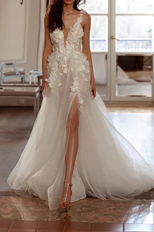 A-Line V-Neck High Slit Wedding Dress - Chloe Dress