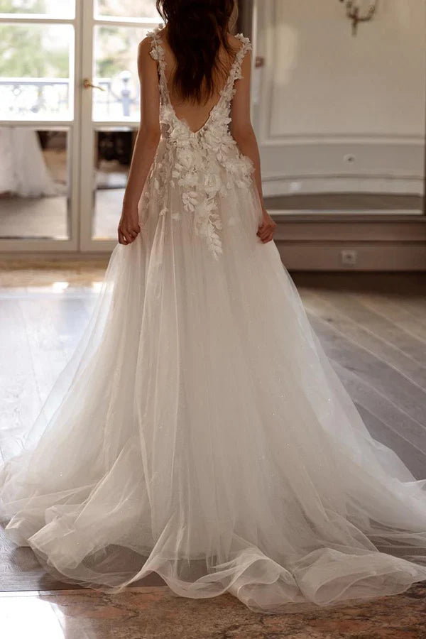A-Line V-Neck High Slit Wedding Dress - Chloe Dress
