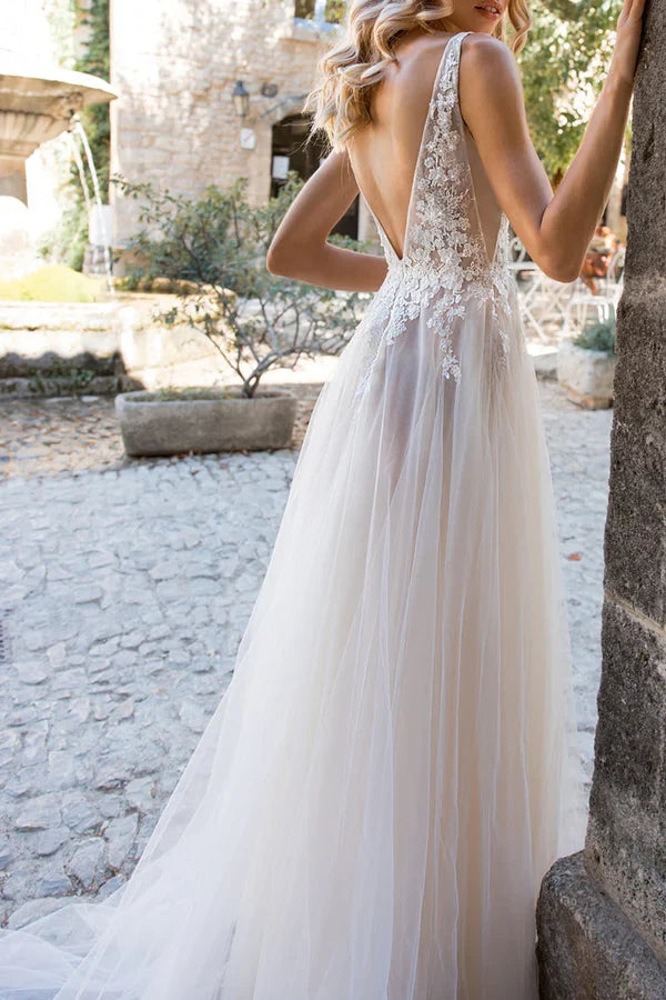 A-Line V-Neck Lace Wedding Dress - Chloe Dress