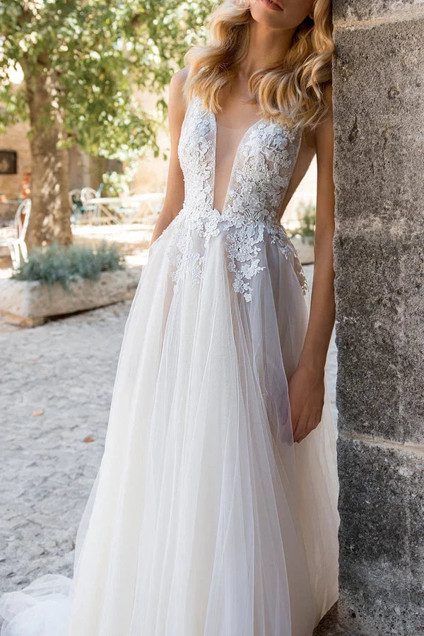 A-Line V-Neck Lace Wedding Dress - Chloe Dress