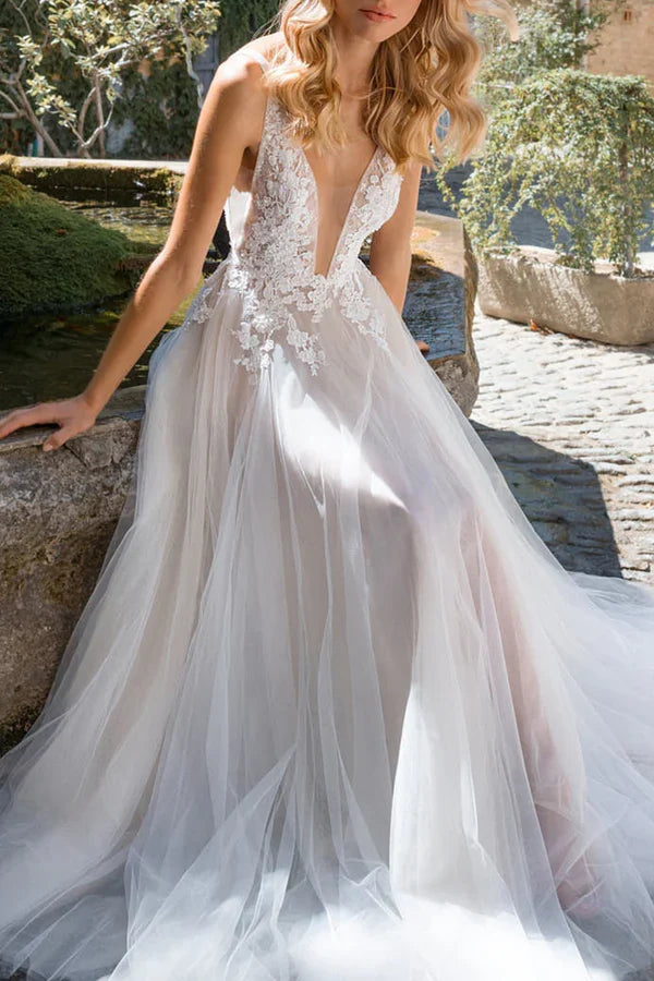 A-Line V-Neck Lace Wedding Dress - Chloe Dress