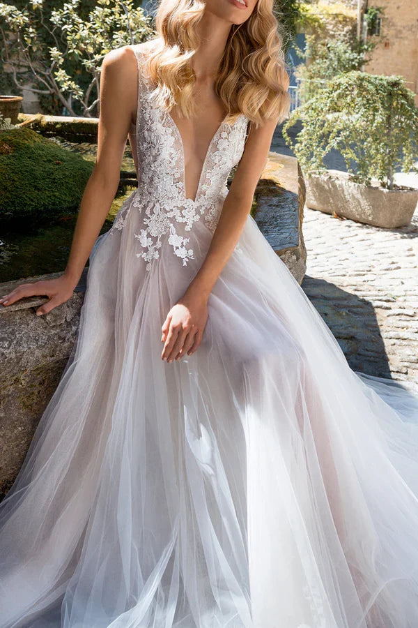 A-Line V-Neck Lace Wedding Dress - Chloe Dress