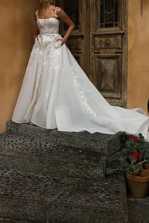 Square Neck Lace High Slit Wedding Dress - Chloe Dress