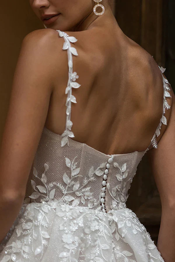 Square Neck Lace High Slit Wedding Dress - Chloe Dress