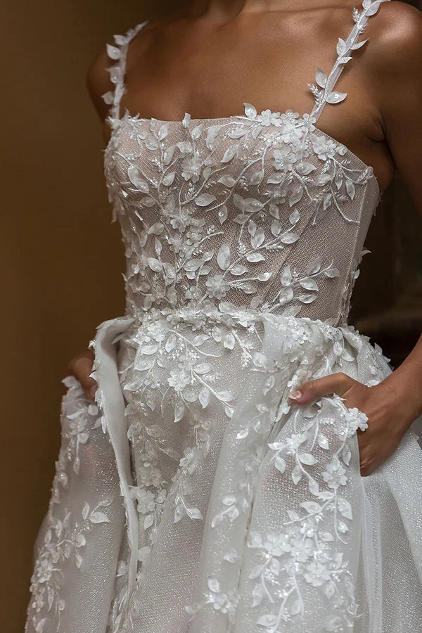 Square Neck Lace High Slit Wedding Dress - Chloe Dress