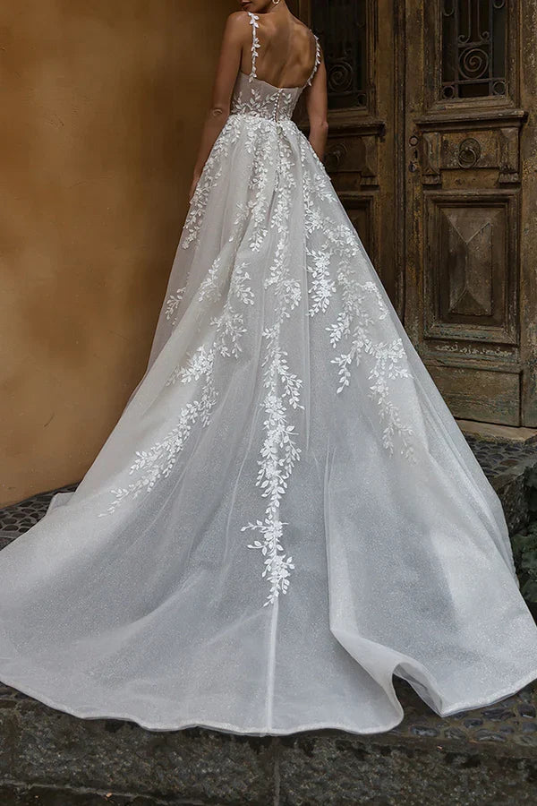 Square Neck Lace High Slit Wedding Dress - Chloe Dress