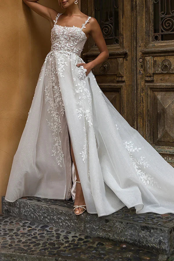 Square Neck Lace High Slit Wedding Dress - Chloe Dress