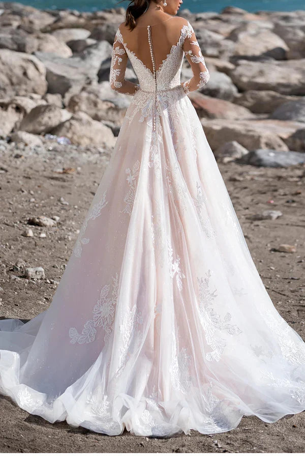 A-Line Illusion Lace Long Sleeve Wedding Dress - Chloe Dress