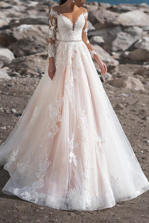 A-Line Illusion Lace Long Sleeve Wedding Dress - Chloe Dress