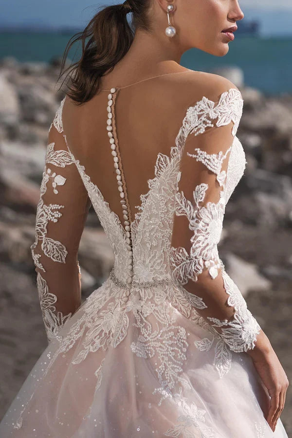 A-Line Illusion Lace Long Sleeve Wedding Dress - Chloe Dress