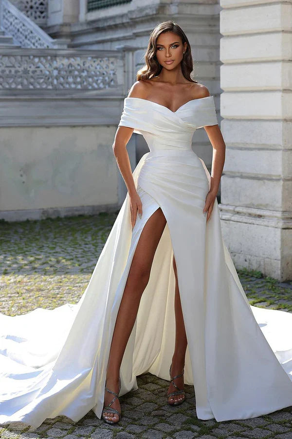 Off-Shoulder Satin High Slit Wedding Dress - Chloe Dress