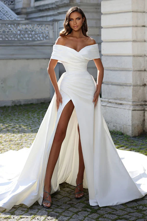 Off-Shoulder Satin High Slit Wedding Dress - Chloe Dress