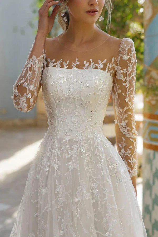 Illusion Lace Long Sleeve Wedding Dress - Chloe Dress