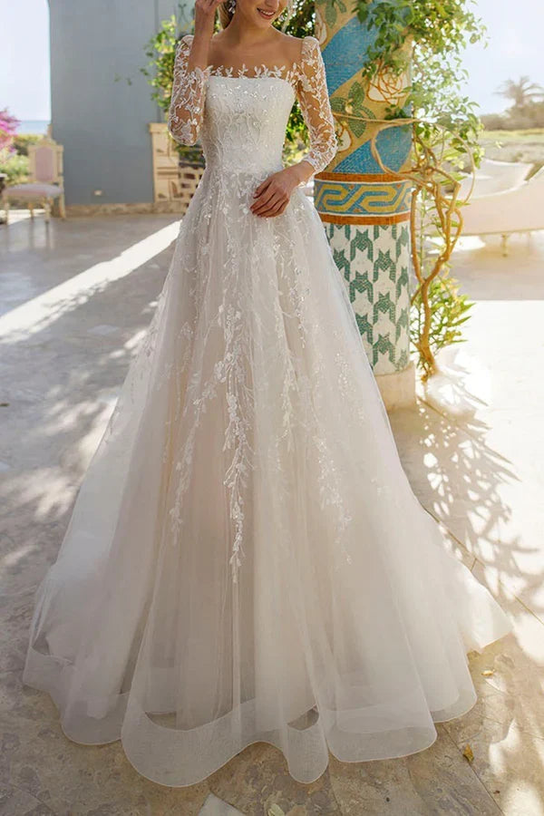 Illusion Lace Long Sleeve Wedding Dress - Chloe Dress