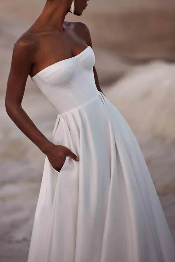 White Satin Train Wedding Dress - Chloe Dress