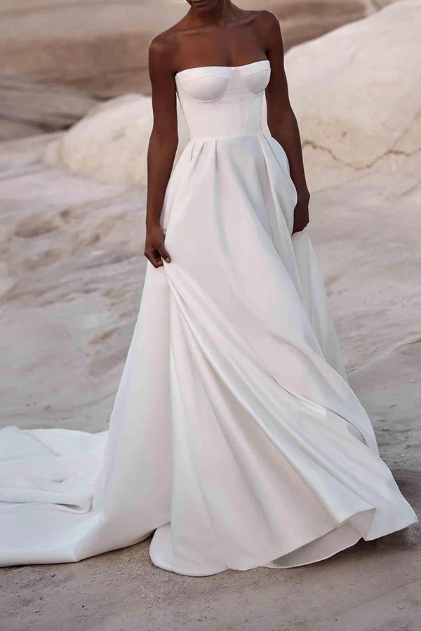 White Satin Train Wedding Dress - Chloe Dress
