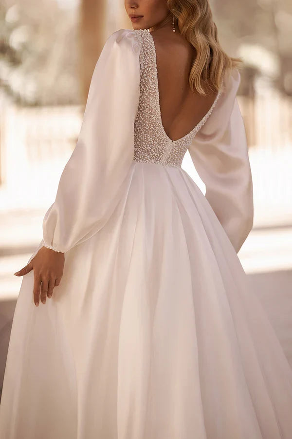 V-Neck Long Sleeve Wedding Dress - Chloe Dress