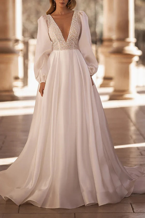 V-Neck Long Sleeve Wedding Dress - Chloe Dress