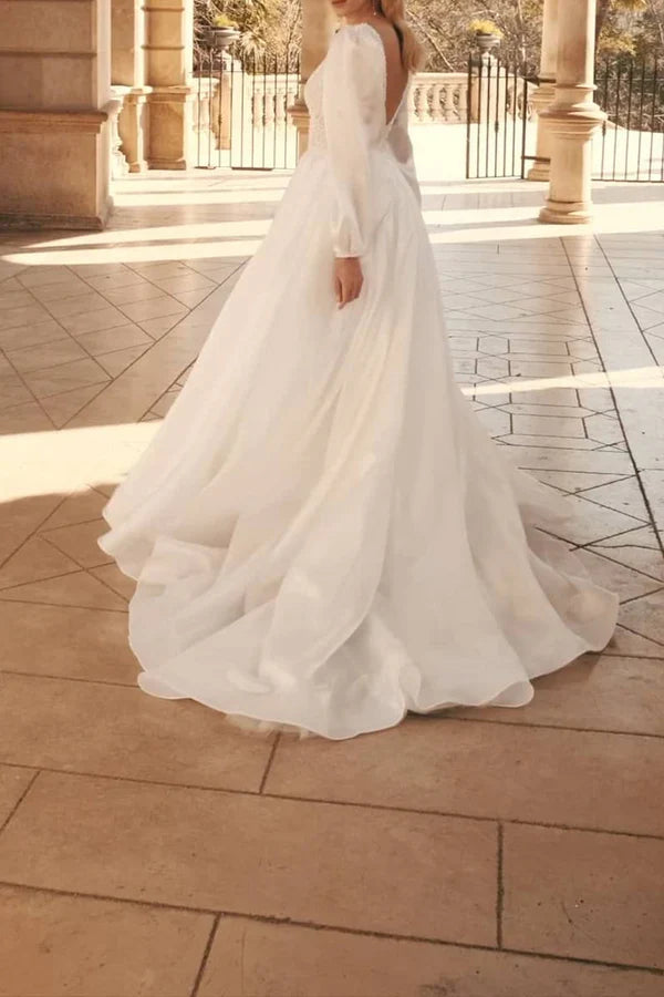 V-Neck Long Sleeve Wedding Dress - Chloe Dress