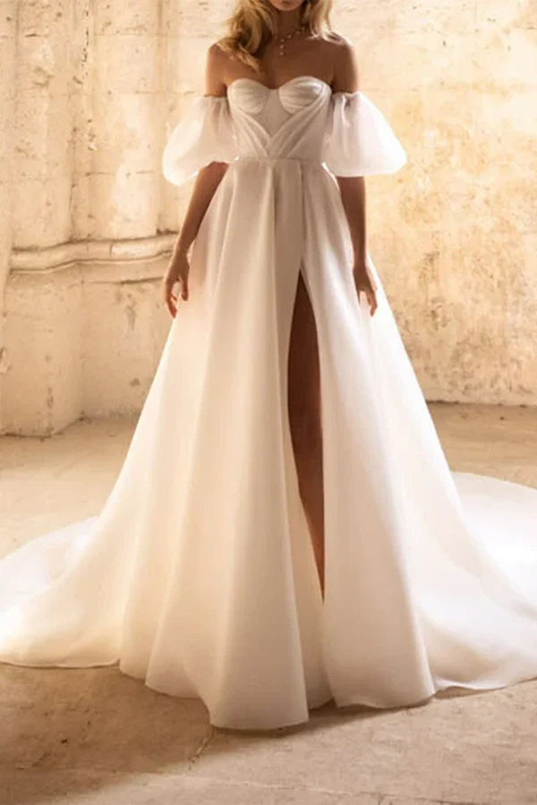 Sweetheart Lace Short Sleeve Train Mini Wedding Dress - Chloe Dress