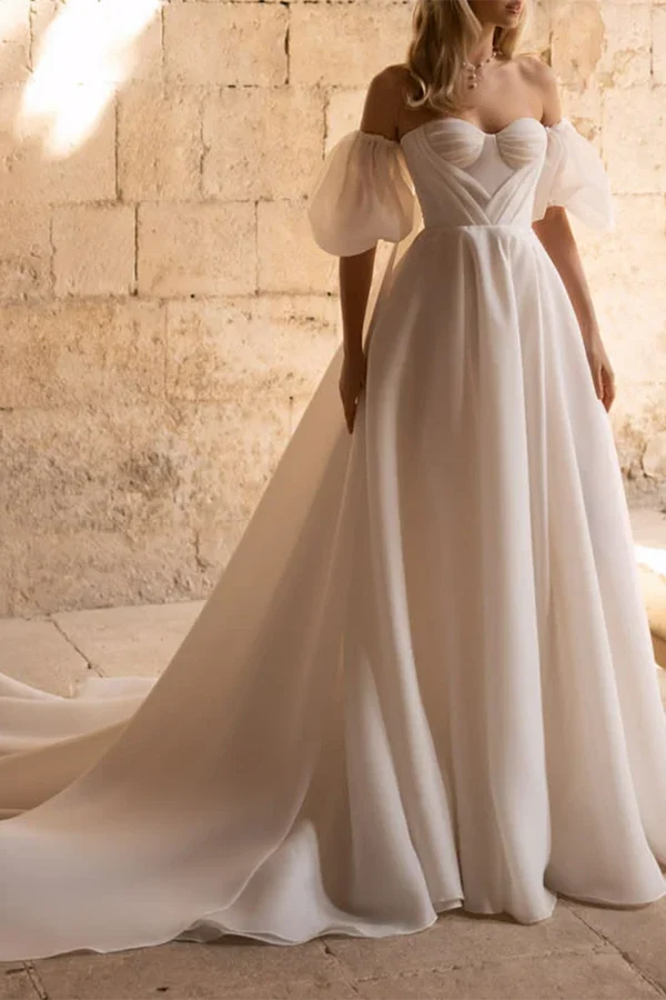 Sweetheart Lace Short Sleeve Train Mini Wedding Dress - Chloe Dress