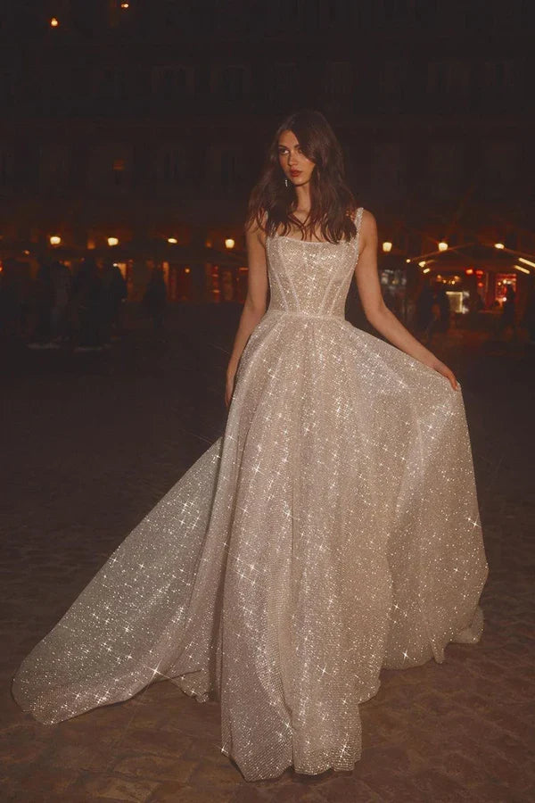 Square Neck Train Wedding Dress - Chloe Dress