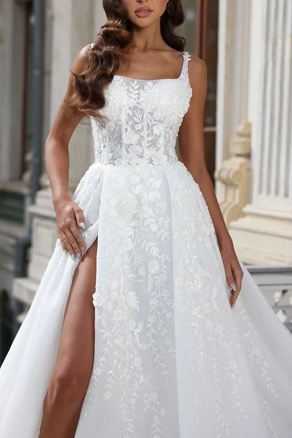 A-Line Square Neck Lace Applique Wedding Dress - Chloe Dress