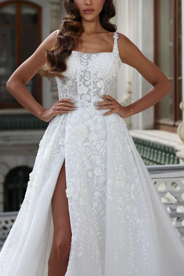 A-Line Square Neck Lace Applique Wedding Dress - Chloe Dress