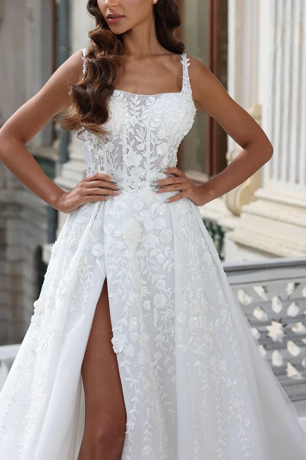 A-Line Square Neck Lace Applique Wedding Dress - Chloe Dress