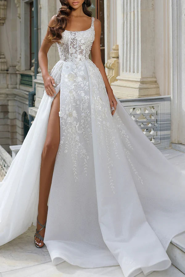 A-Line Square Neck Lace Applique Wedding Dress - Chloe Dress