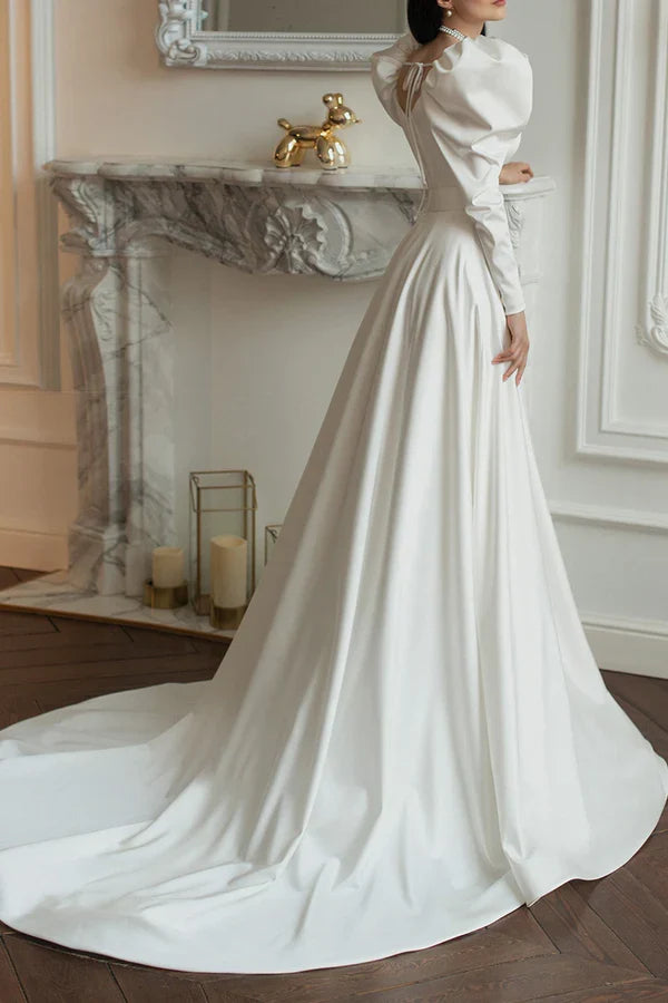 Square Neck Satin Long Sleeve Train Wedding Dress - Chloe Dress