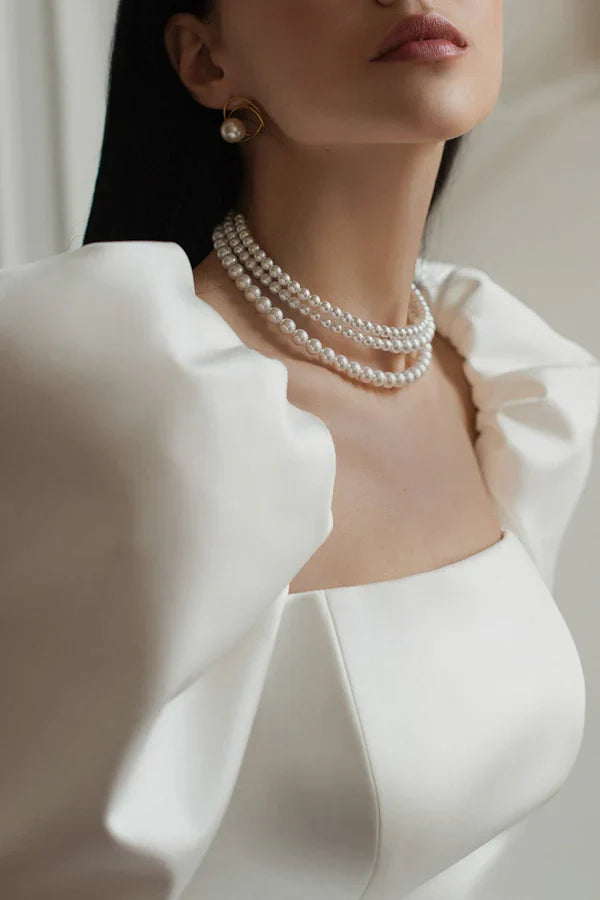 Square Neck Satin Long Sleeve Train Wedding Dress - Chloe Dress