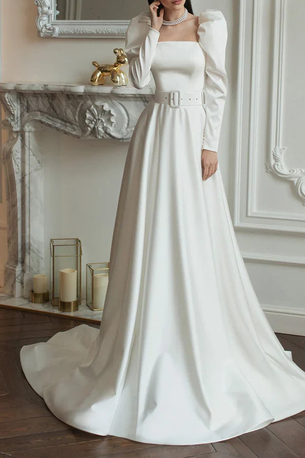Square Neck Satin Long Sleeve Train Wedding Dress - Chloe Dress