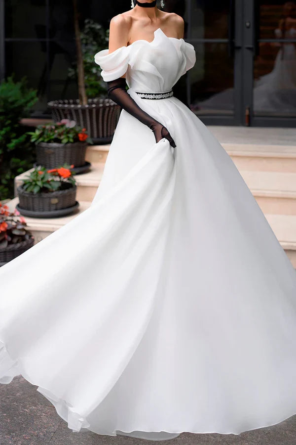Ivory A-Line Strapless Organza Train Wedding Dress - Chloe Dress