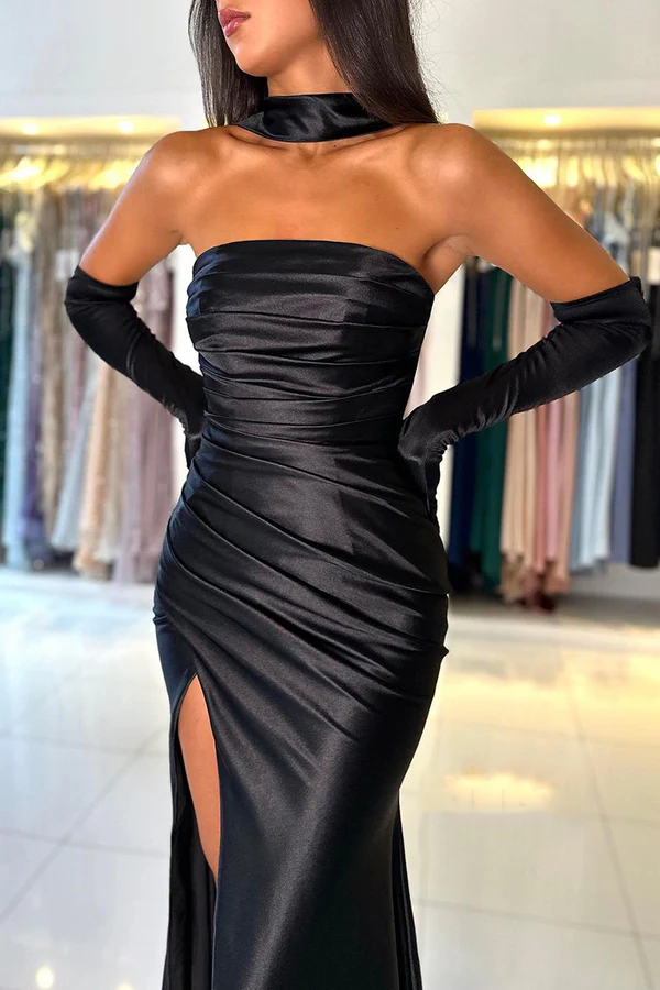Black Mermaid Strapless Satin High Slit Evening Dress - Chloe Dress