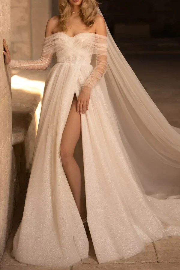 A-Line Sweetheart Lace Long Sleeve Train Wedding Dress - Chloe Dress