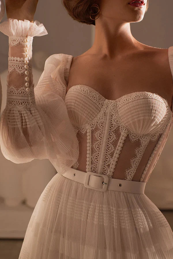 A-Line Sweetheart Lace Long Sleeve Wedding Dress - Chloe Dress