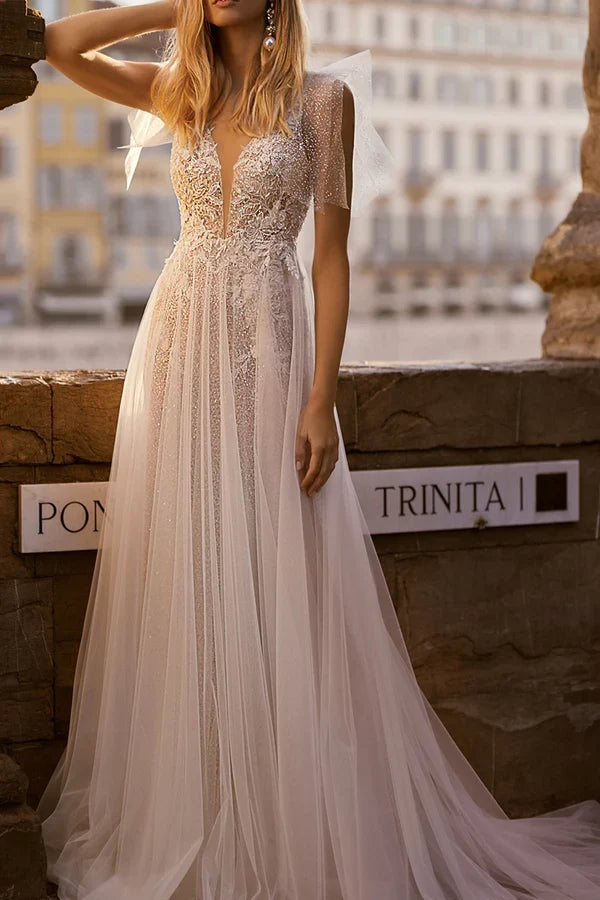 V-Neck Lace Applique Wedding Dress - Chloe Dress