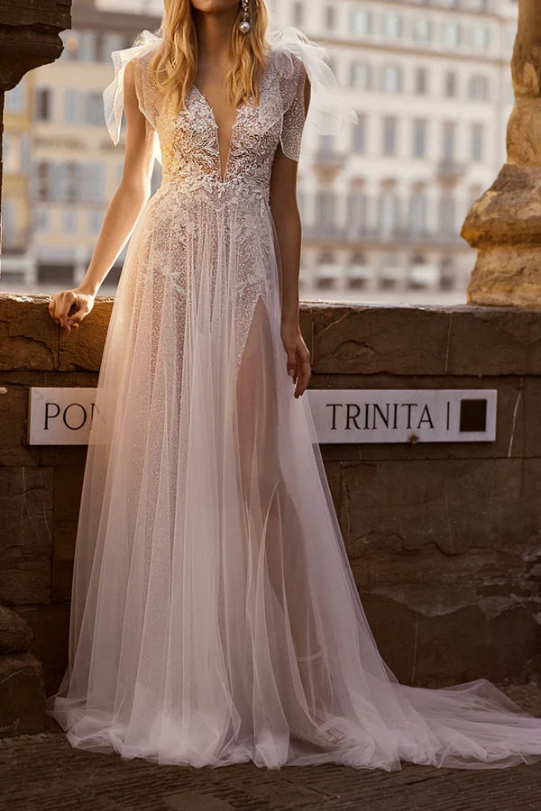 V-Neck Lace Applique Wedding Dress - Chloe Dress