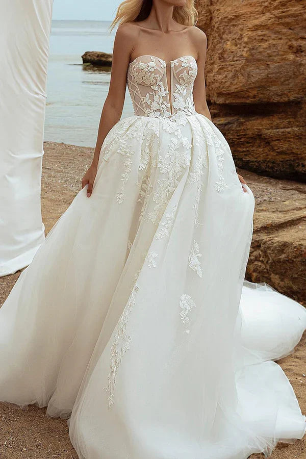 A-Line V-Neck Lace Long Sleeve Wedding Dress - Chloe Dress