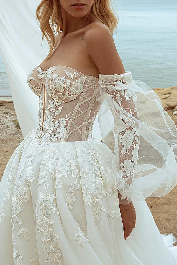 A-Line V-Neck Lace Long Sleeve Wedding Dress - Chloe Dress