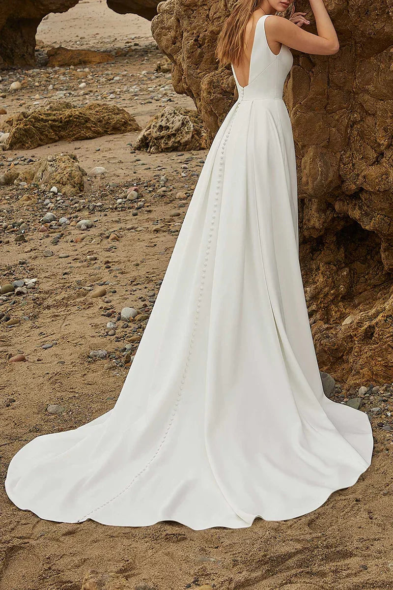 A-Line V-Neck Satin High Slit Wedding Dress - Chloe Dress