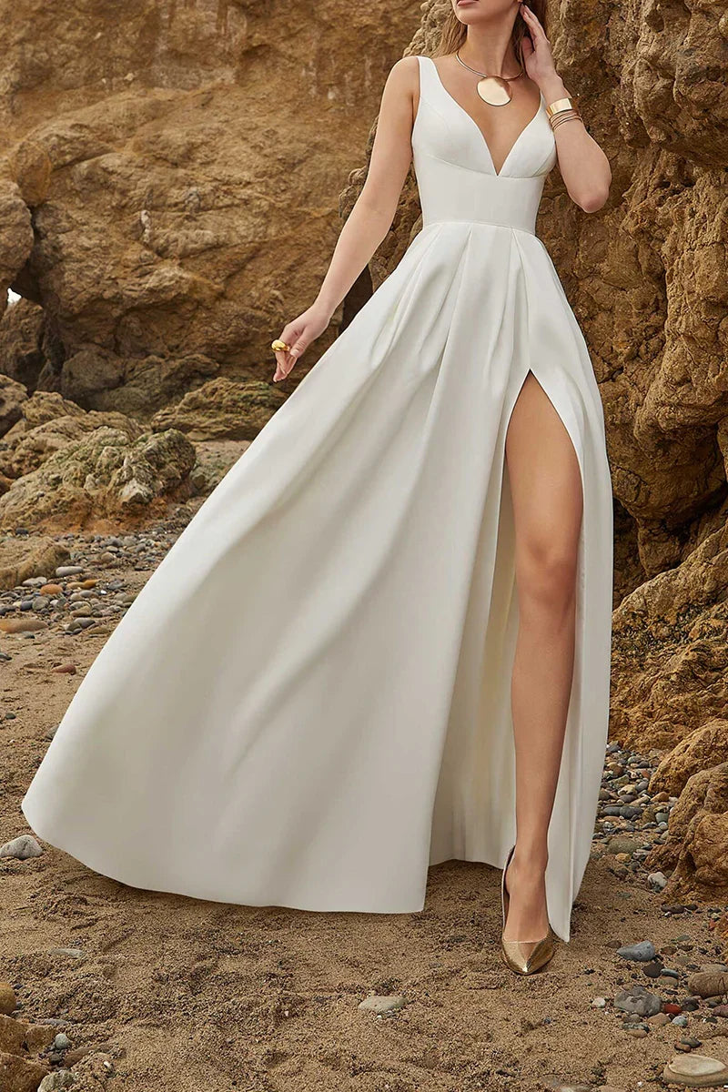 A-Line V-Neck Satin High Slit Wedding Dress - Chloe Dress